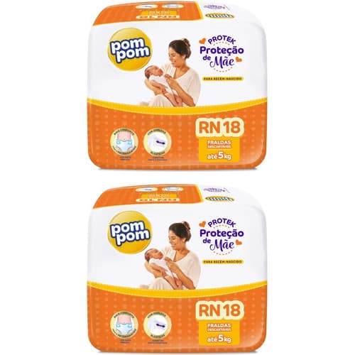 Kit 2 Fraldas Pom Pom Jumbinho Tamanho RN - 36 Unidades - Proteção Recém-Nascido