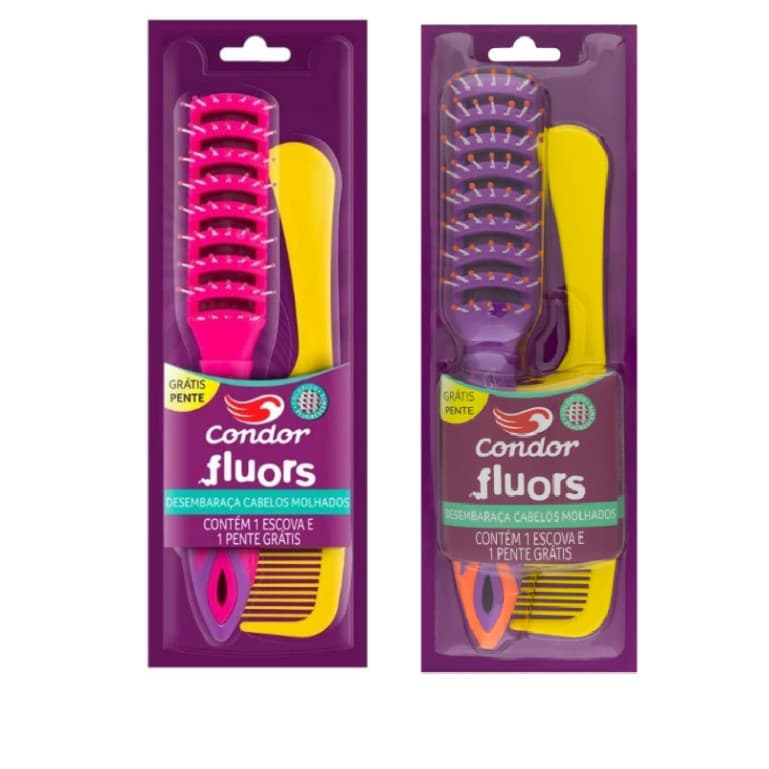 Kit de Escova de Cabelo  e Pente Fluors, Condor, Rosa/Roxo
