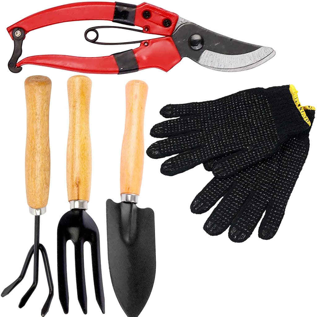 kit Jardinagem Jardim Tesoura Poda Ancinho Pazinha Garfo Luva.