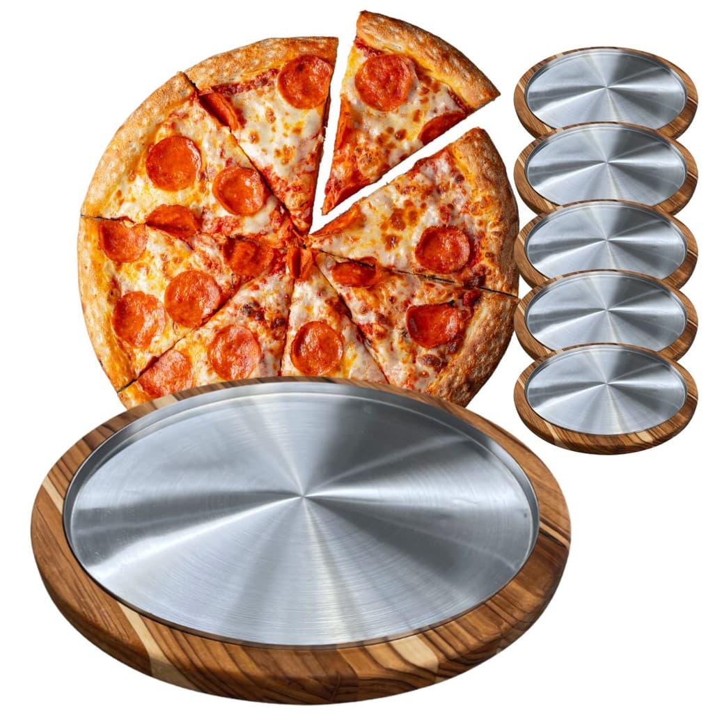 Kit 5 Suportes Bandeja Com Formas De Alumínio 35Cm Para Cortar E Servir Pizza