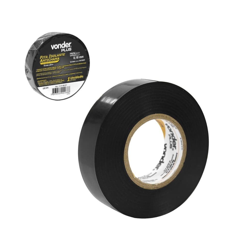 Fita Isolante Antichama Preta 19mm x 20m Vonder Plus para Instalações Elétricas