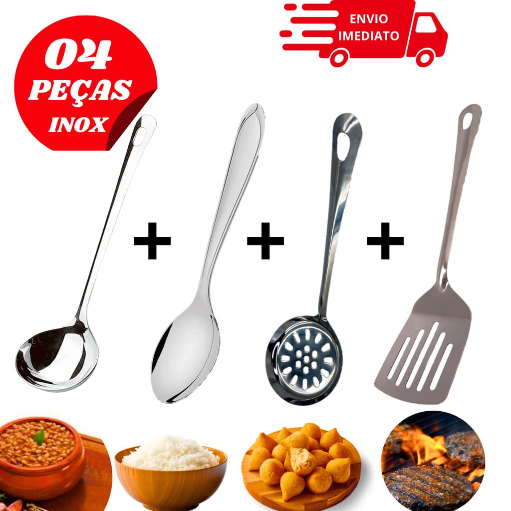 Kit de Cozinha Aço Inox 4 Peças Colher de Pegar Arroz Espátula Vazada Concha de Feijão e Escumadeira