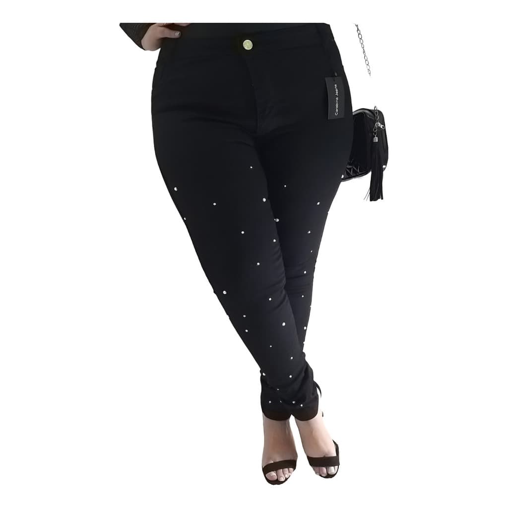 Calça Jeans Preta Com Pérolas Plus Size Cintura Alta Skinny