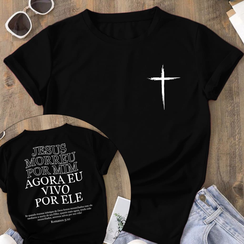 Camiseta evangélica feminina fé viva por Jesus frente e costas algodão premium modelo básico