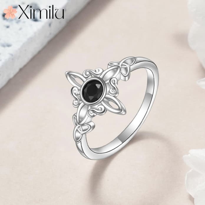 ❤ Anel de nó mágico de bruxa Original feminino ondulado moda celta preto joias de diamante