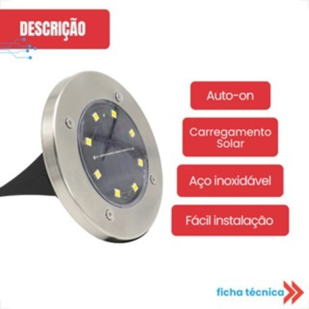 kit 4-12 Luminária Balizador Solar Led Espeto Branco Quente 3000K Metal Jardim Chão Redondo VANTtagem