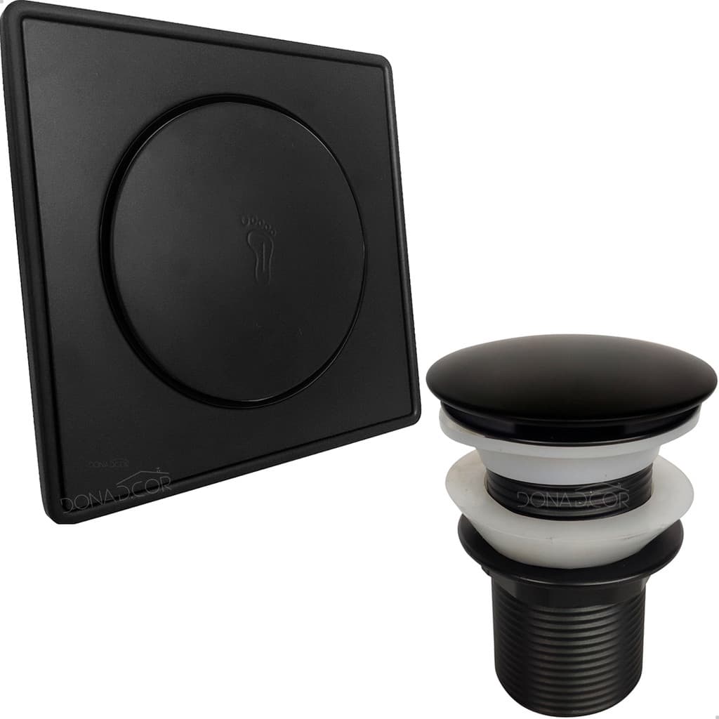 Ralo Click E Porta Grelha Inox 15cm Valvula Click 1 1/4 Kit Banheiro Completo Preto Fosco Ralo Pia