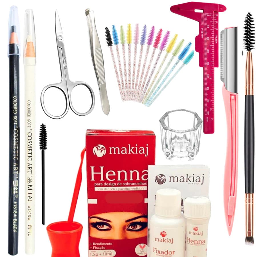 Kit Sobrancelha Profissional Henna Rena paquimetro tesoura pincel lápis dermatografico escovinha