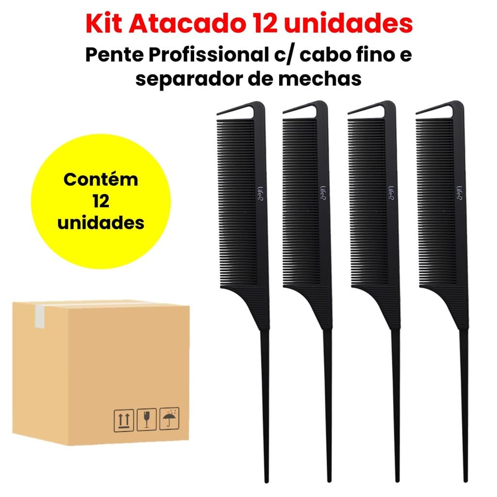 KIT ATACADO C/12 PENTES PROFISSIONAL C/ CABO FINO E SEPARADOR DE MECHAS