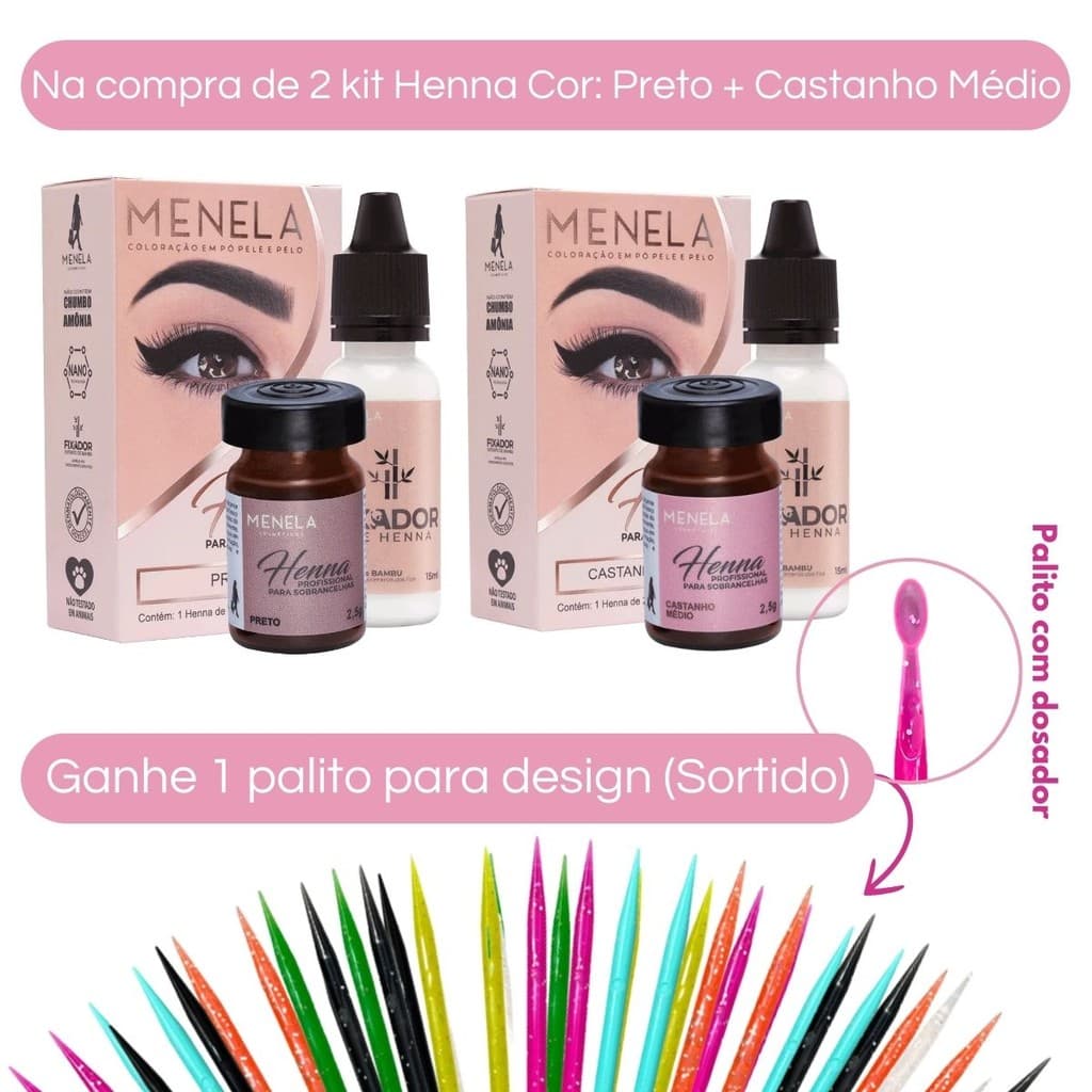 Kit 2 Henna Menela Preto + Castanho Médio + Palito Para Design De Sobrancelhas (Sortido)