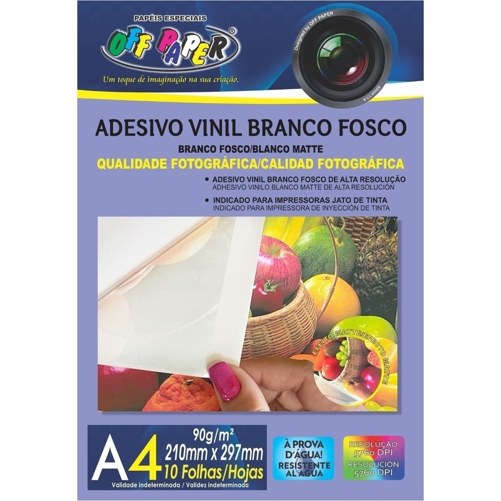 Adesivo Vinil Branco Fosco 90g A4 com 10 Folhas Impressão Etiqueta Acabamento Fosco Off Paper