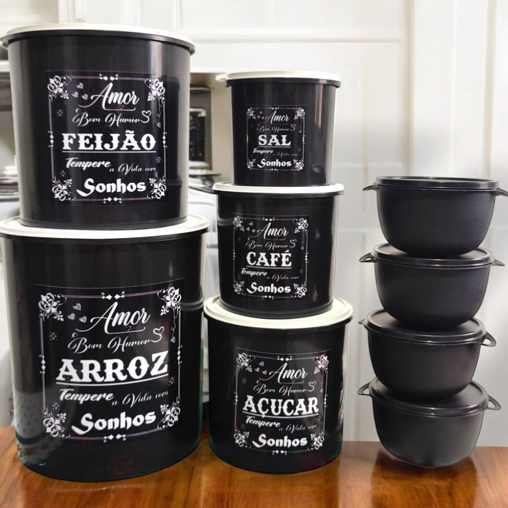 Kit 5 Potes Para Mantimentos/5 Potes De Mantimentos + 4 Boll De 1 Litro Bowll Adesivados Sonho