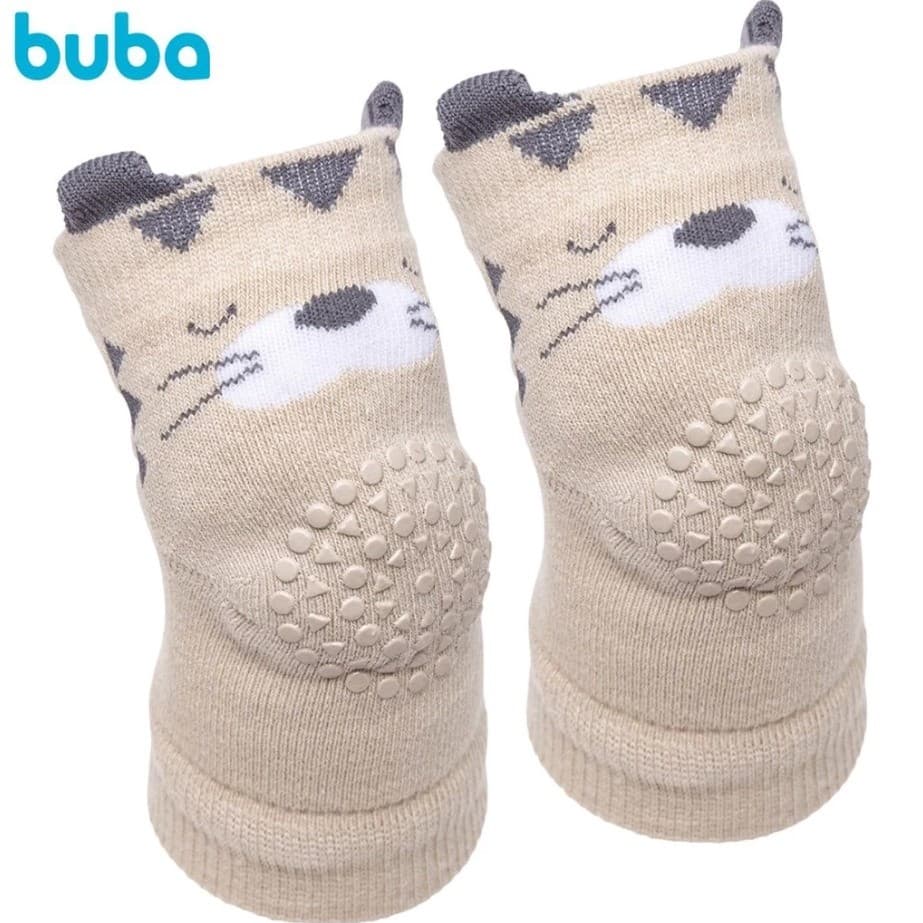 Joelheira Antiderrapante Proteção Joelho Bebê +6 Meses com Estampa Animal Engatinhar Bege Tigre Buba