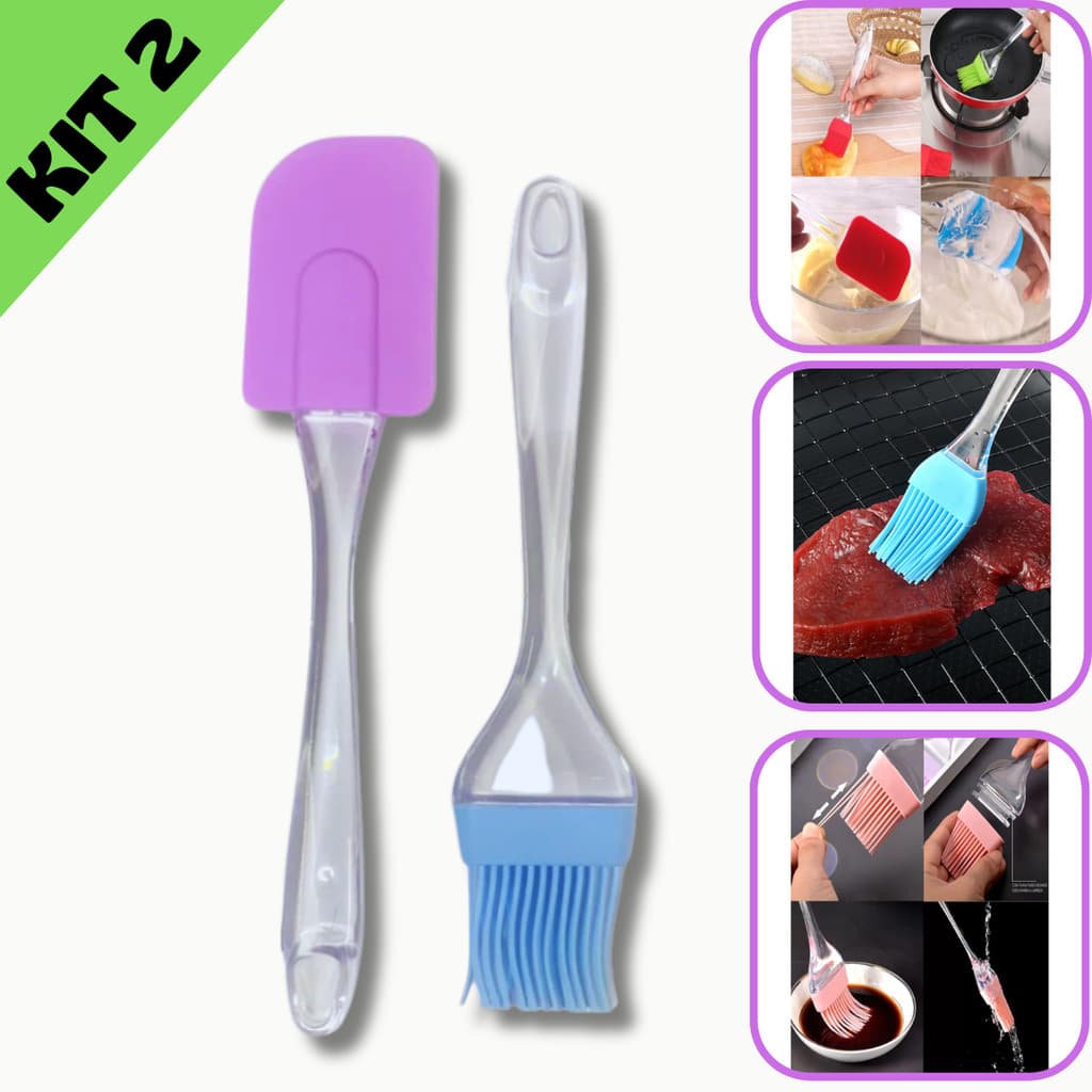 Kit 2 Mini Espátula e Pincel Culinário Silicone Cabo Acrílico Utensilio Cozinha