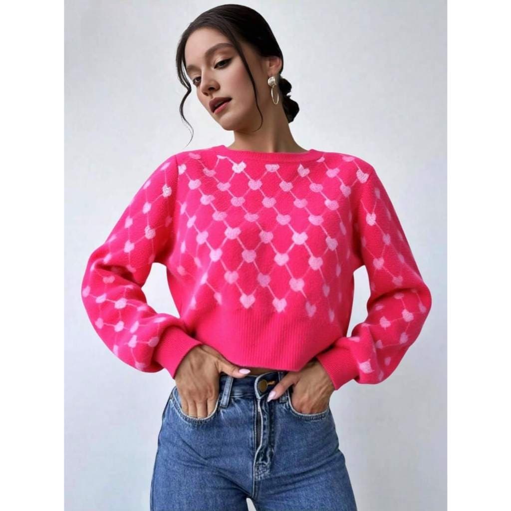 Blusa suéter feminino de pelinho cropped manga longa moletom grosso inverno blusa de frio gola redonda coração estampada