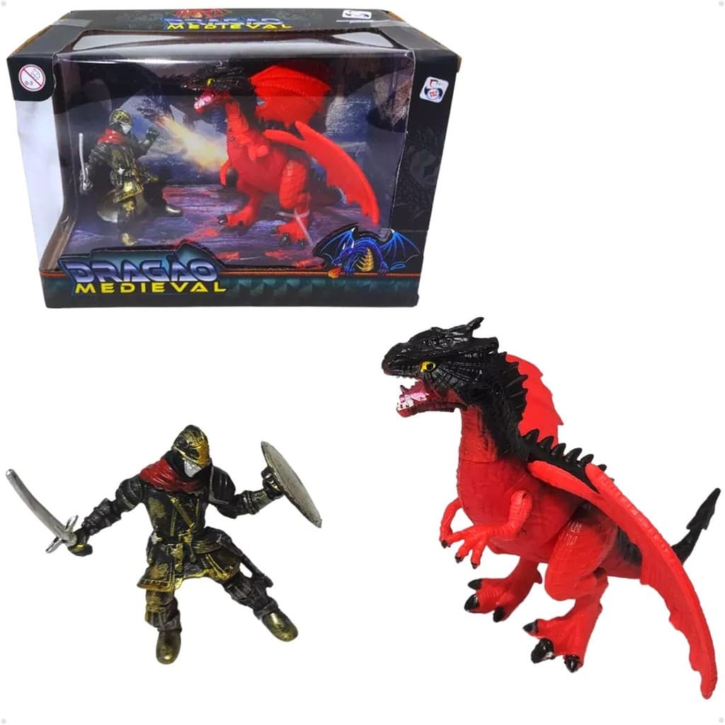 Kit Boneco Dragão Vermelho E Guerreiro Medieval Colecionador