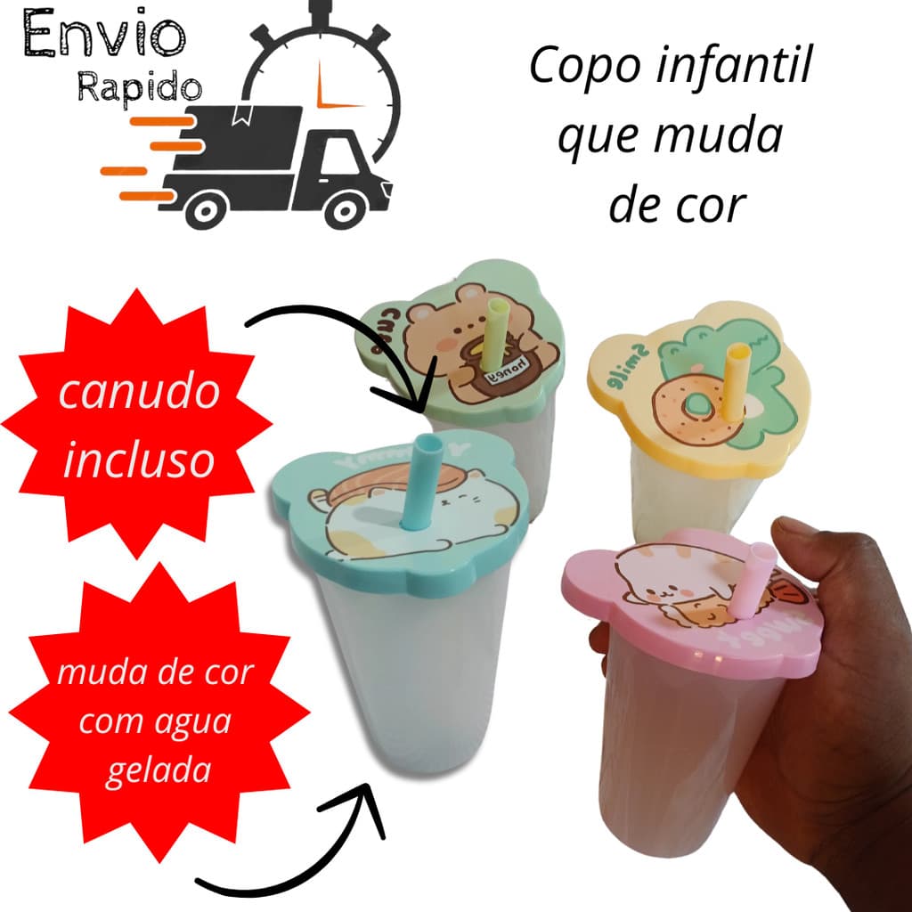 copo infantil com canudo e tampa colorido introduçao alimentar bebe criança muda de cor