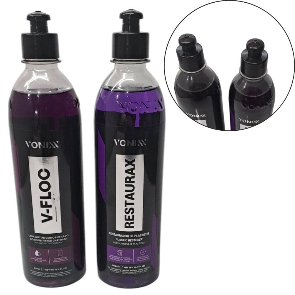 Kit Limpeza V-Floc + Restaurax 500ml, Shampoo Concentrado para Lavagem e Restaurador para Plásticos