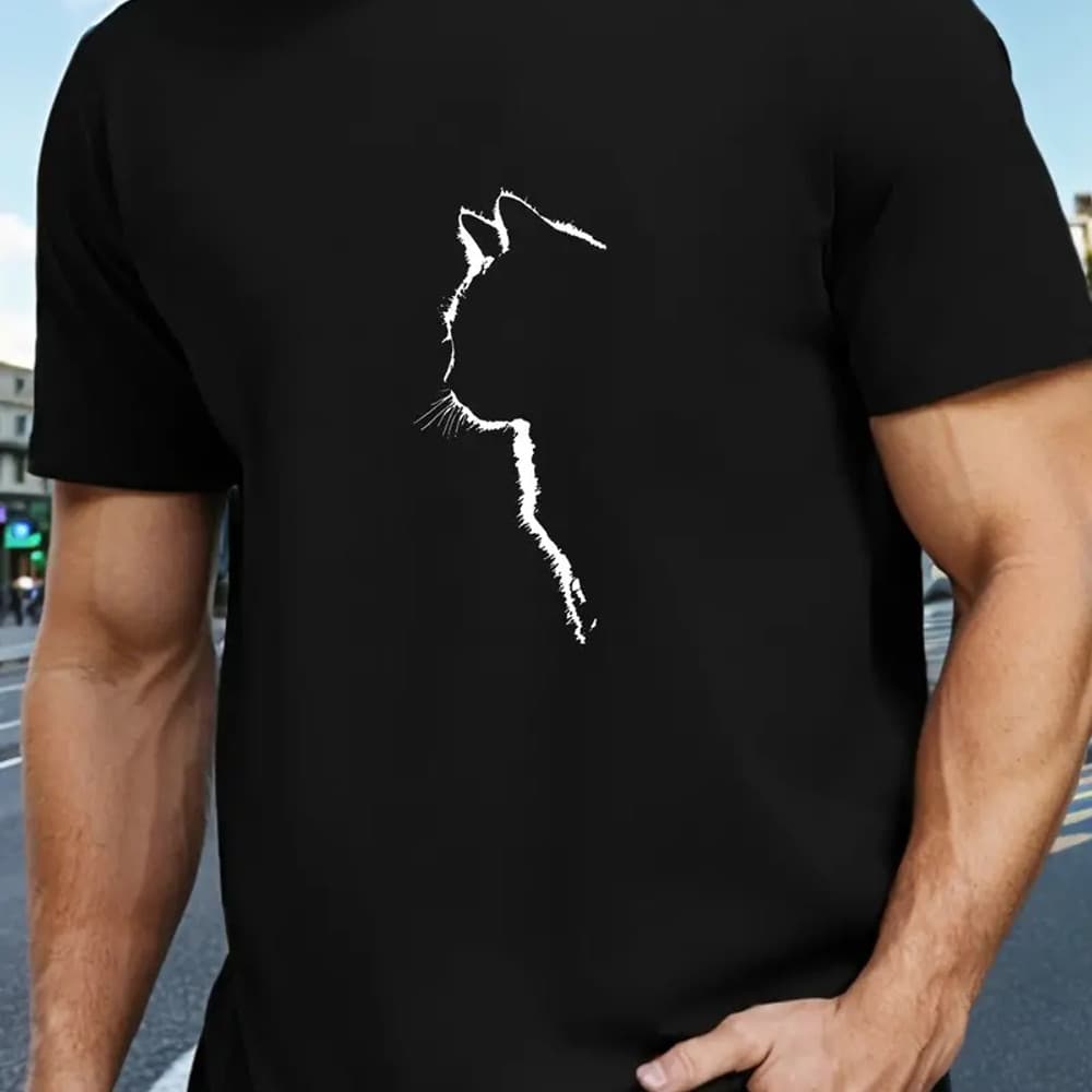 Camiseta estampada de gato, camiseta de manga curta com decote redondo para homens, tops para presente de verão casual