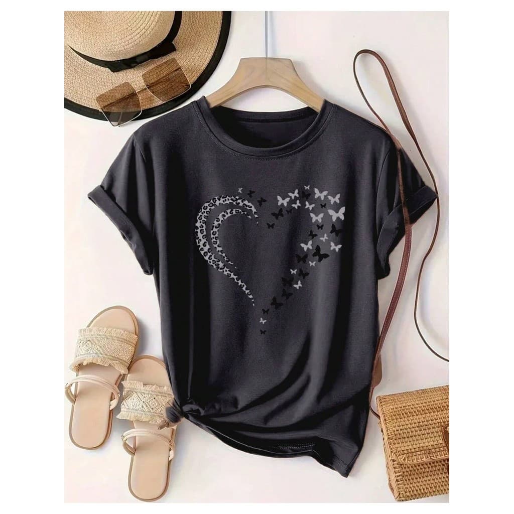 Blusa T-shirt Camiseta Feminina Estampa De Coração Borboleta