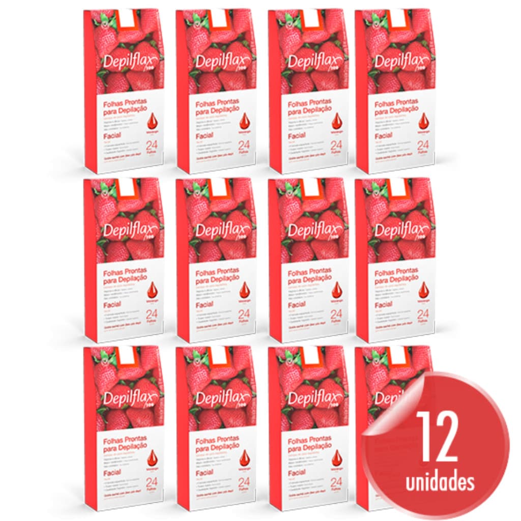Kit Depilflax 24 Folhas Prontas Depilação Facial Fragrância Morango 12 Caixas