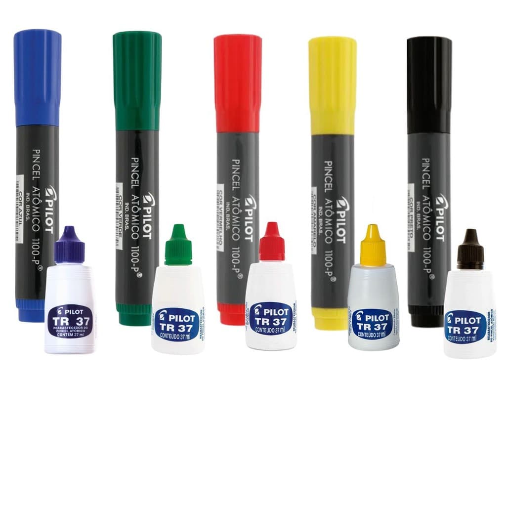 KIT 5 TINTA PARA PINCEL ATÔMICO +5 MARCADOR PERMANENTE PILOT AZUL, VERDE , AMARELO, PRETO E VERMELHO