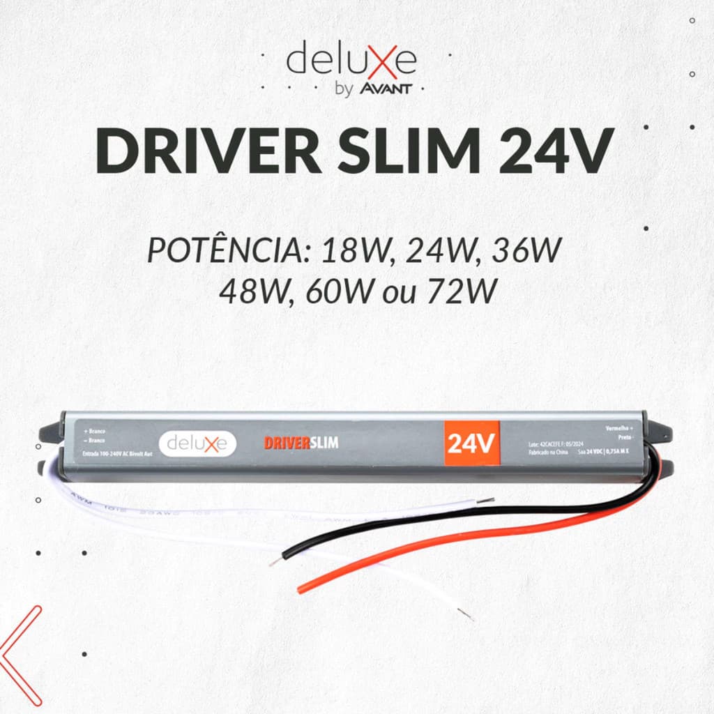Fonte Driver Slim Para Fita Led 24V 18w, 24w, 36w, 48w, 60w ou 72w 110v/220v Bivolt Deluxe By Avant