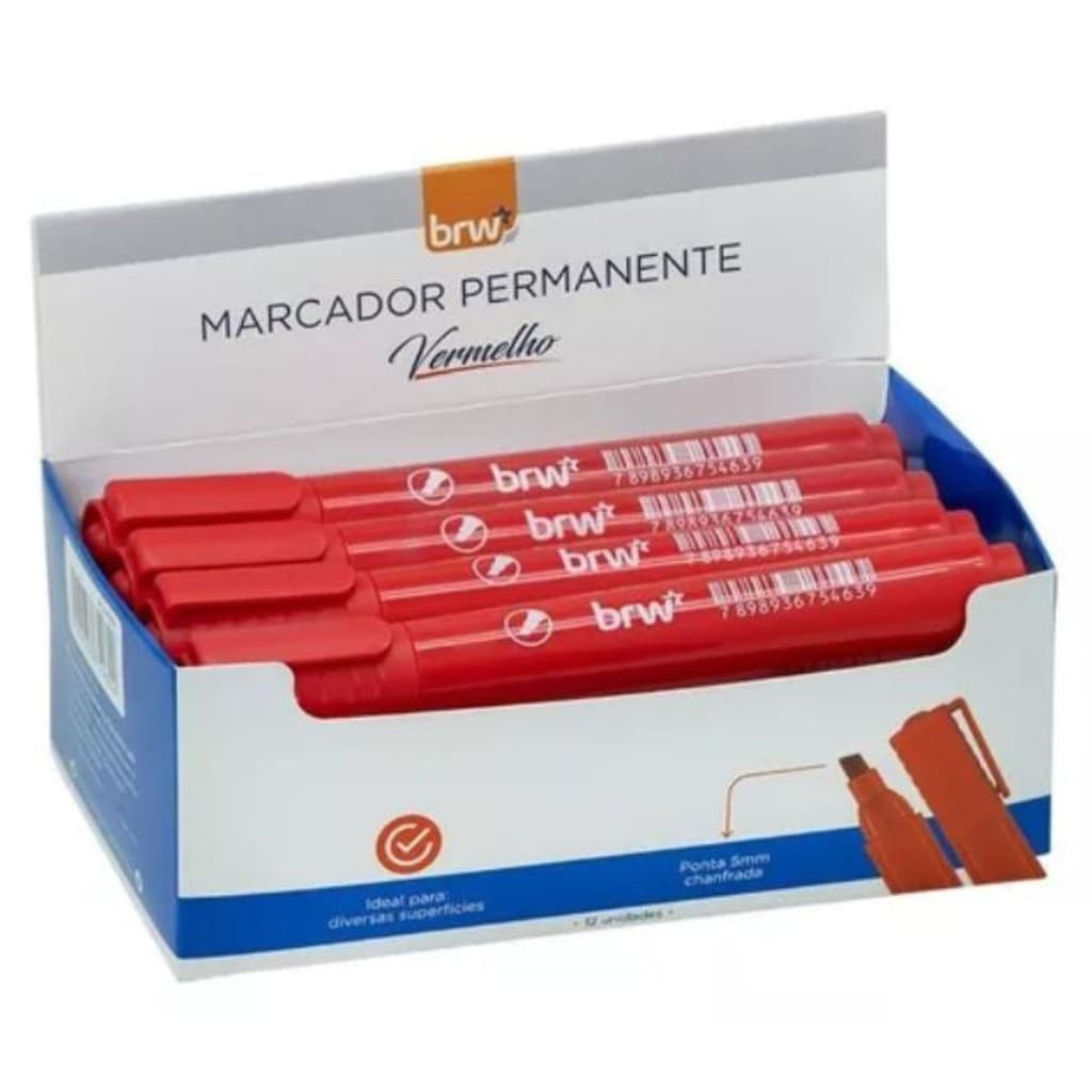 KIT 12 MARCADOR PERMANENTE CANETÃO MULTIUSO PINCEL ATOMICO PONTA CHANFRADA VERMELHO BRW