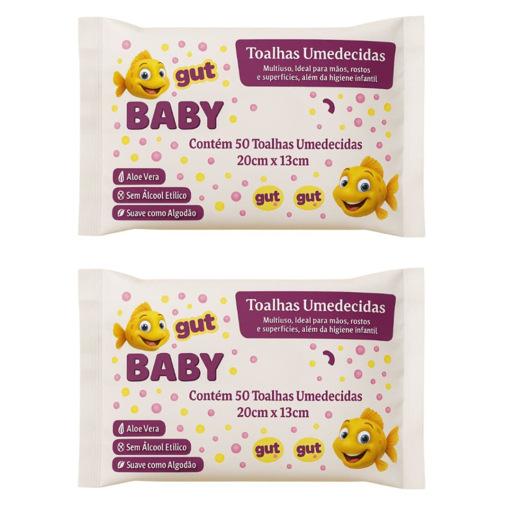 Lenço Umedecido Bebê Gut Baby Kit 2 Pacotes C/ 50 Unidades Toalhinha Infantil Higiene Suave Sem Álcool