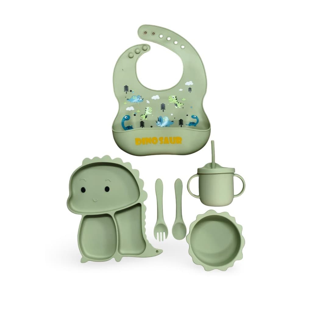 Kit Alimentação De Bebê Silicone 6 Peças Alimentar Babador Talheres Tigela C/Ventosa Prato cor verde