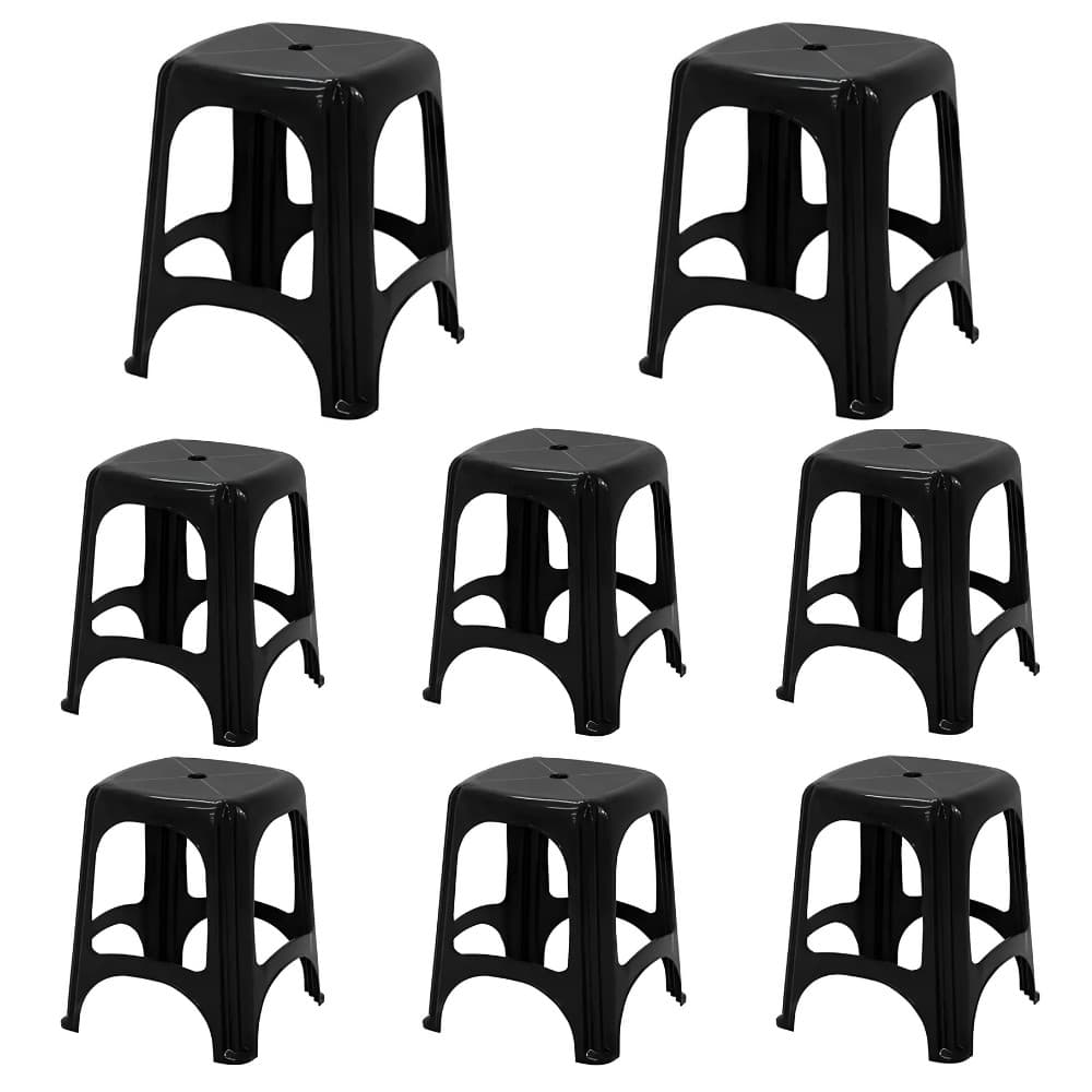 Jogo 8 Peças Banquetinhas De Plástico Resistente Banco Cor Preto