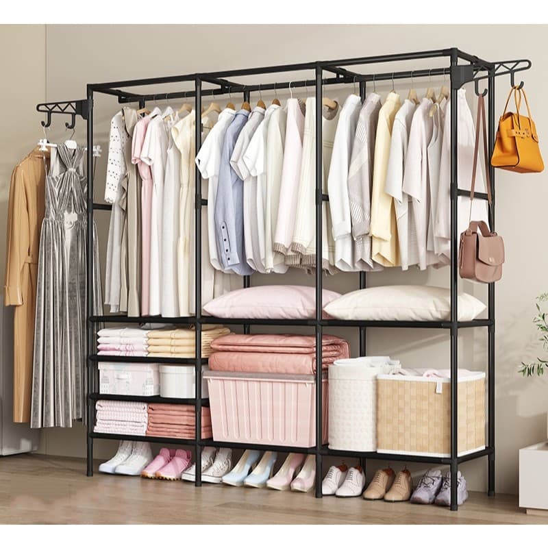 Arara De Roupa Cabideiro De Chão Armário Guarda Roupa Sapateira Rack Organizador Multiuso Aço Inox
