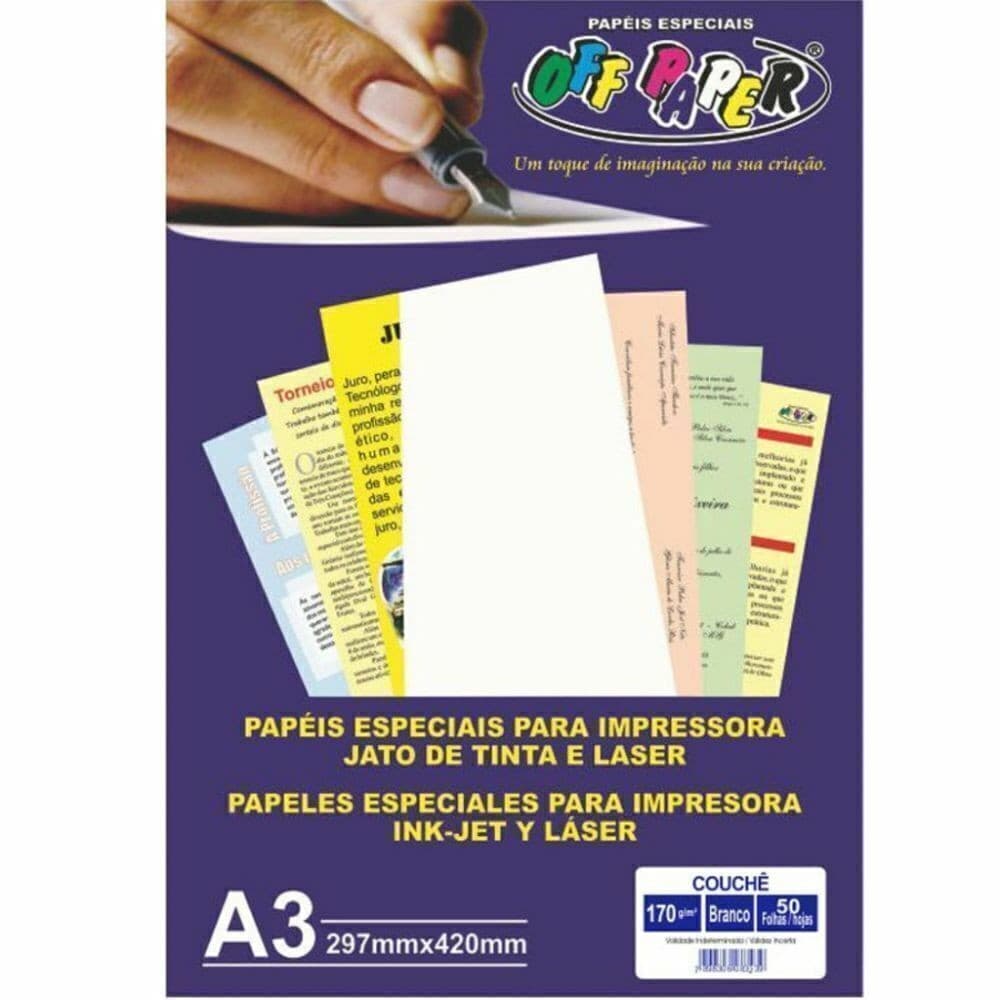 Papel Couché Branco A3 170g 50 Folhas Premium Impressão Brilhante Off Paper