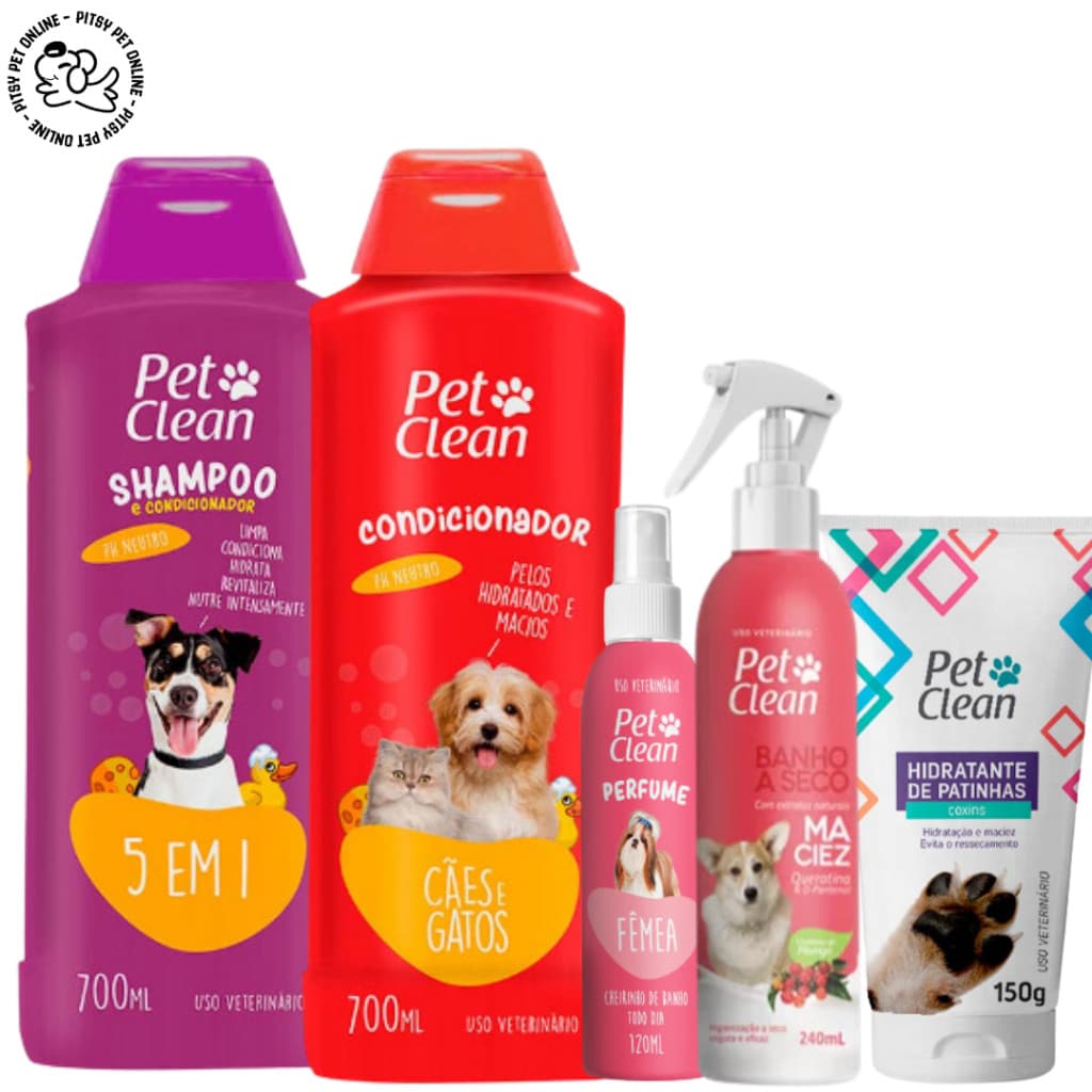 Kit Banho para Cachorro e Gato Completo - Shampoo 5x1+Condicionador+Perfume+Banho a seco+Hidratante de patinhas