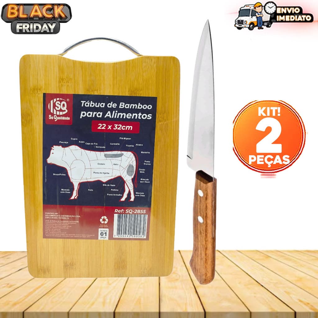 Kit 2 Peças - Tábua de Carne de Madeira Bambu com Alça e Faca Inox Cabo de Madeira 7 Polegadas para Legumes, Churrasco