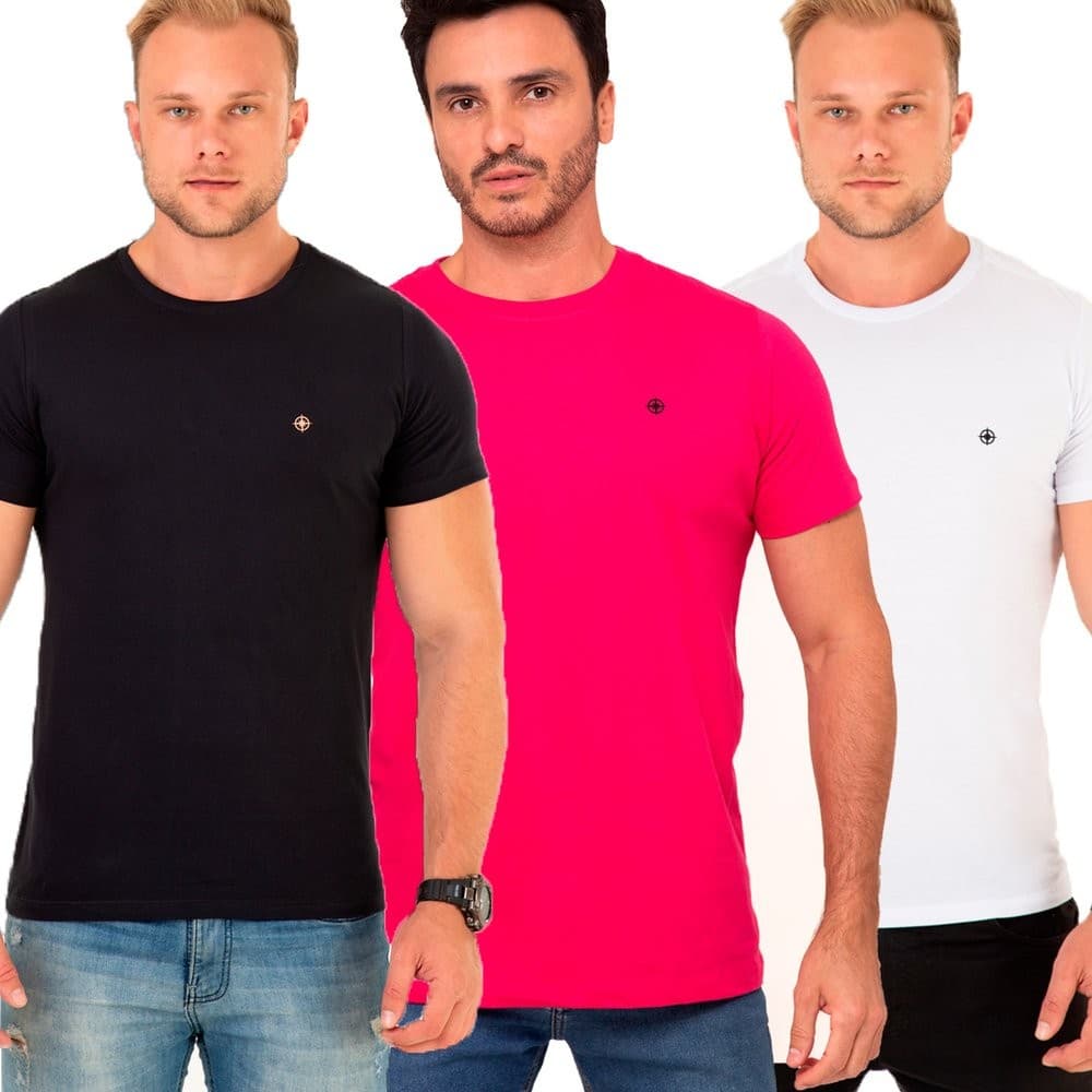 Kit 3 Camisetas Masculina Algodão Premium Casual Básica Minimalista Costura de Ombro a Ombro