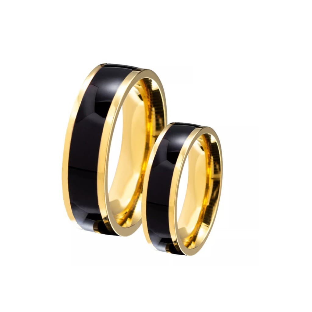 Par de Aliança Banhada a Ouro 18K com Friso preto 6mm Noivado Casamento - 3 anos de garantia