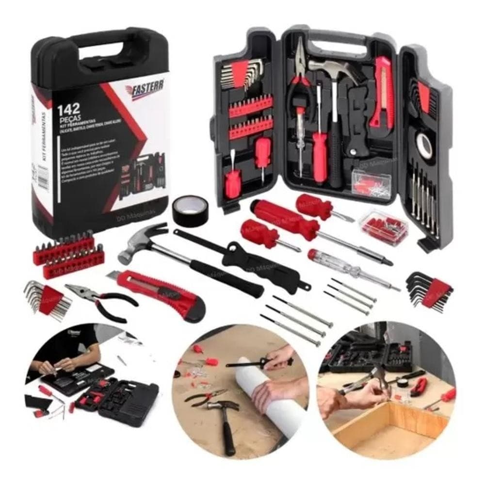 Kit Ferramentas 142 Pecas Maleta Chaves Martelo Soquetes Jogo Multiuso