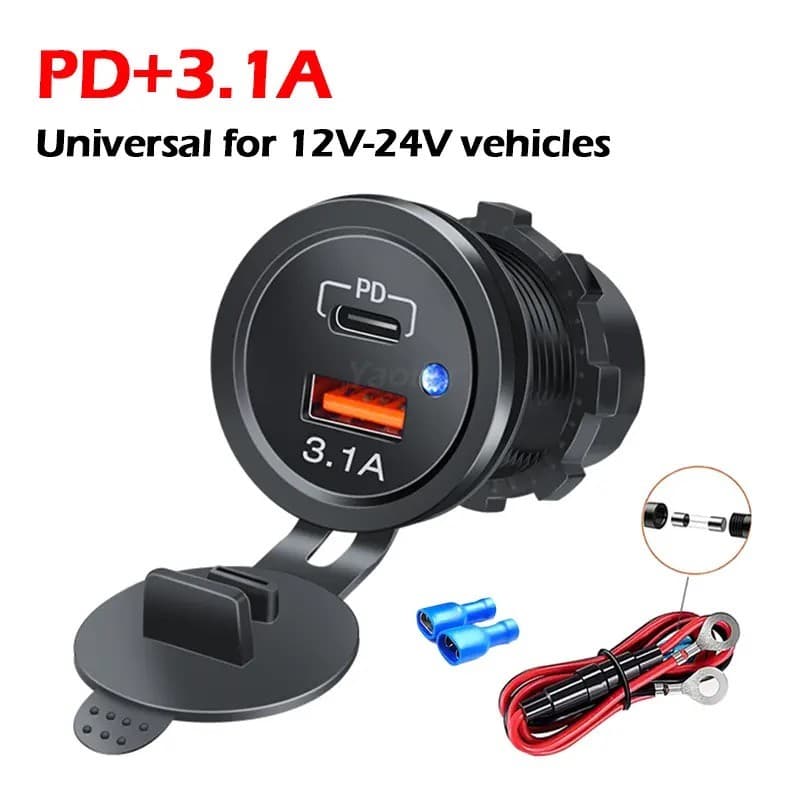 2025 Novo Universal Motocicleta Carregador De Carro LED Luz USB TYPE-C Tomada Cigarro À Prova Dwaterproof Água Para Cami