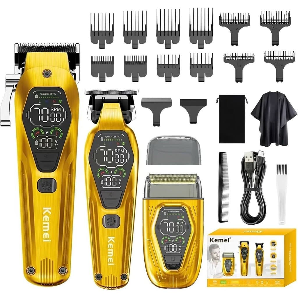 Kit Máquina de Cortar Cabelo + Máquina de Acabamento Elétrica Recarregável + Máquina Barbeiro Pro Kemei KM-8551