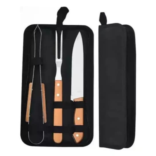 Kit 3 Peças Churrasco Pinça Garfo E Faca Com Estojo
