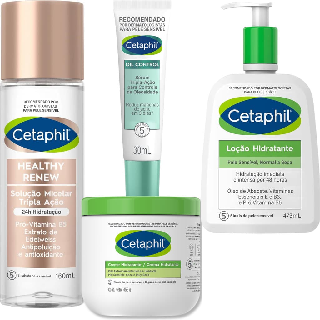 Kit Cetaphil Loção Creme Controle Oleosidade Solução Água Micelar Sérum Oil Control Hidratação Corpo