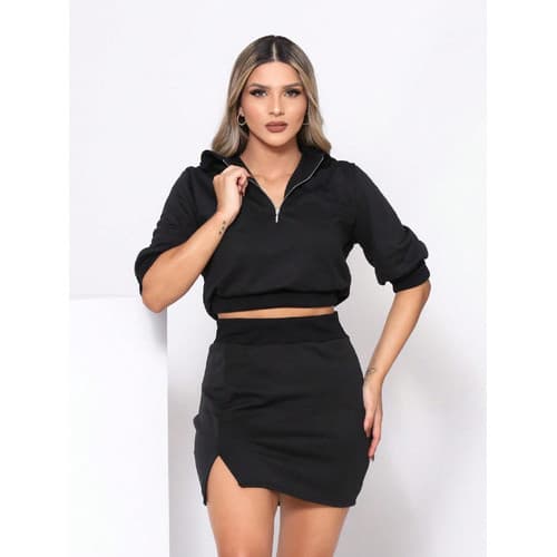 Conjunto Feminino Cropped Polo Zíper Frontal E Saia Curta