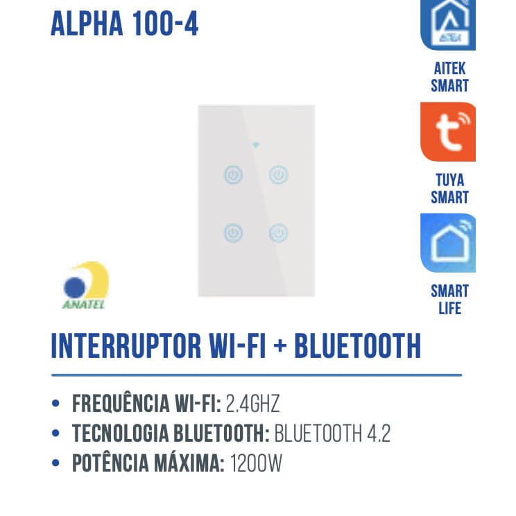 INTERRUPTOR WIFI TOUCH 4 TECLAS BRANCO APP TUYA ALPHA-100-4 AITEK