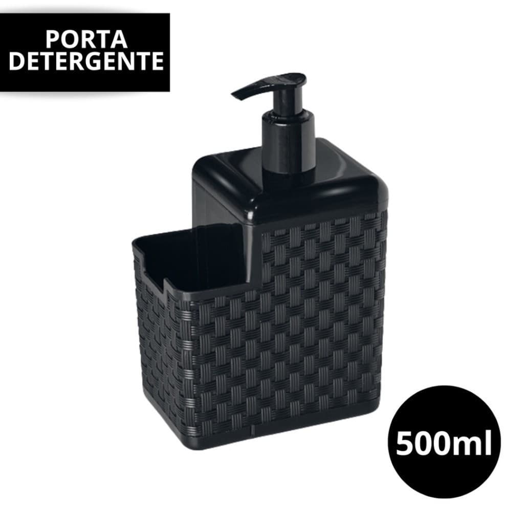 Porta Detergente Dispenser Com Suporte Para Bucha 500ml  Rattan Preto Sabão Sabonete Liquido Esponja