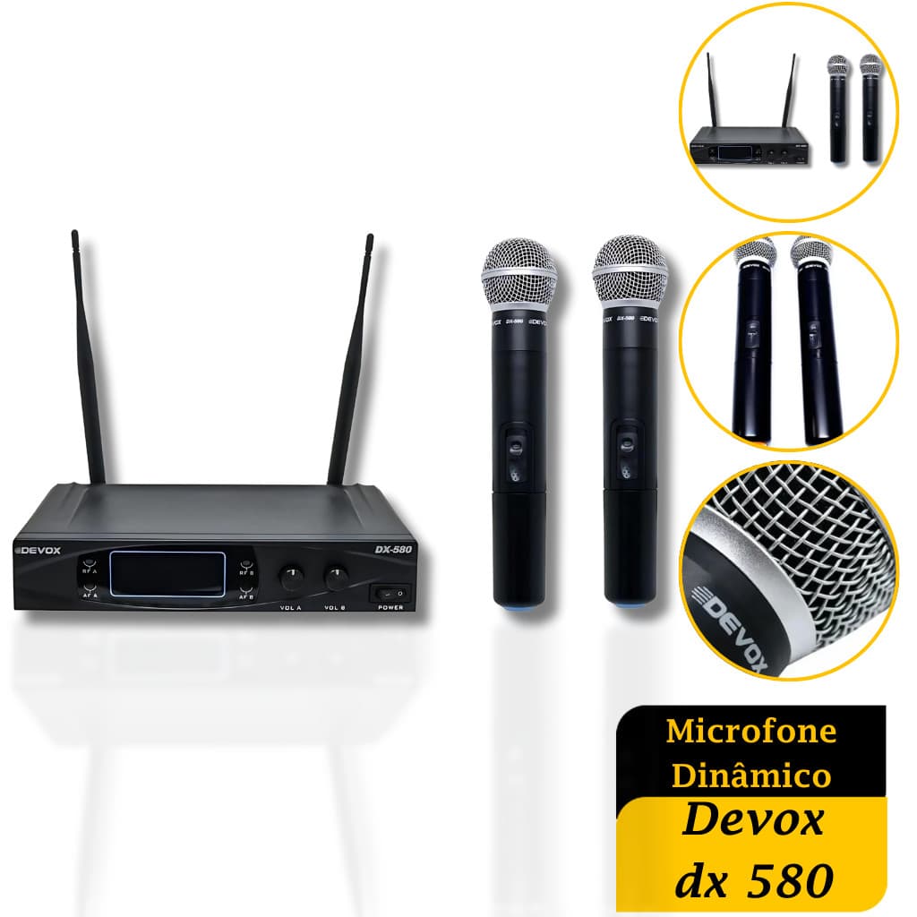 Microfone Dinâmico sem Fio Profissional Devox dx 580 Premium