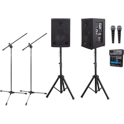 Kit Caixa Saga 8 Preta Mesa 4 Canais Bt Microfones Pedestais