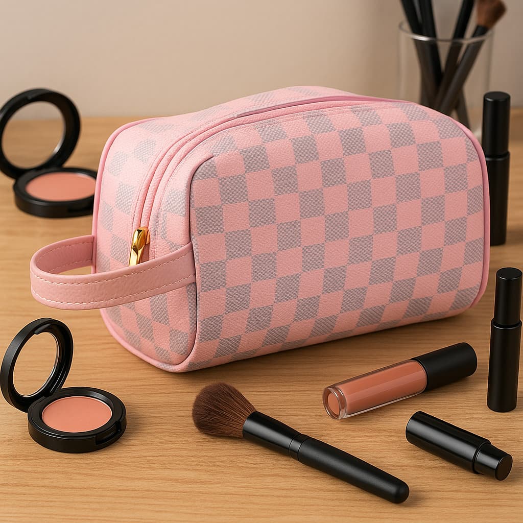 Necessaire Feminina Estilo Fashion – Bolsa Xadrez com Zíper Dourado e Design Sofisticado