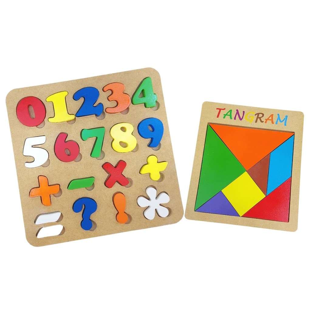 Kit Brinquedo Educativo de madeira de encaixes Números e Tangram