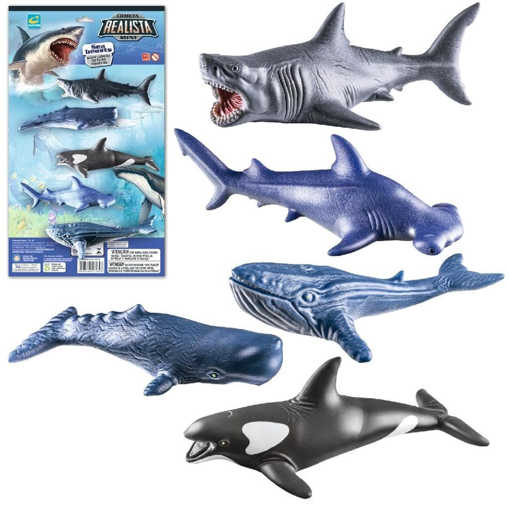 Kit Com 5 Mini Animais Aquáticos Tubarão e Baleia Realista Brinquedo em Vinil Macio Texturizado
